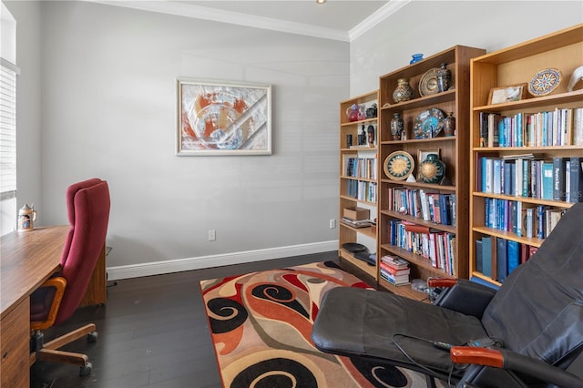 office with ornamental molding and dark hardwood / wood-style floors