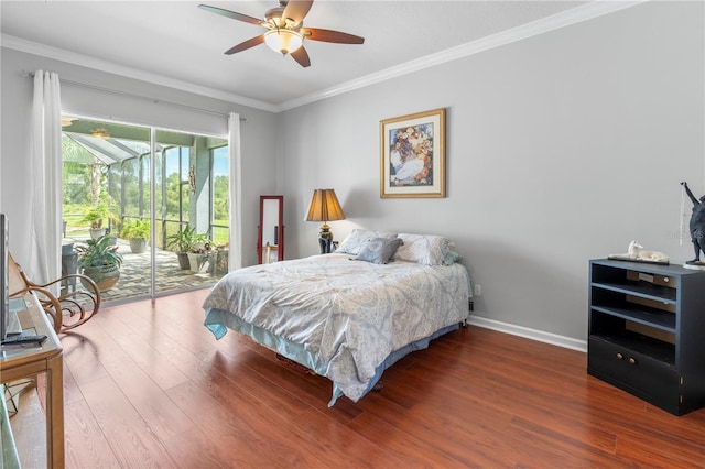 bedroom featuring hardwood / wood-style flooring, access to outside, ornamental molding, and ceiling fan