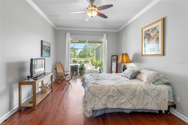 bedroom with dark wood-type flooring, access to outside, ornamental molding, and ceiling fan