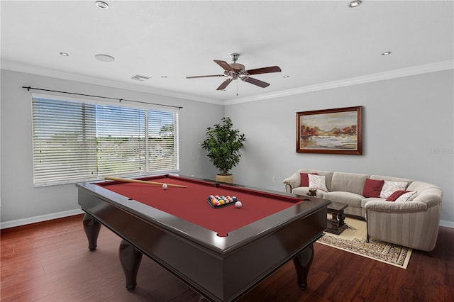 game room with crown molding, dark hardwood / wood-style floors, ceiling fan, and billiards