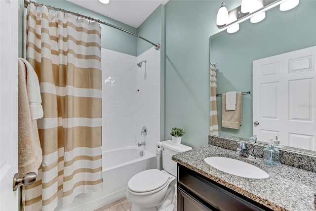 full bathroom with tile patterned flooring, vanity, toilet, and shower / bath combo with shower curtain