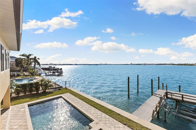 view of dock with a water view