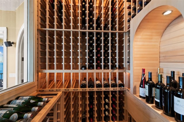 wine area featuring wooden walls