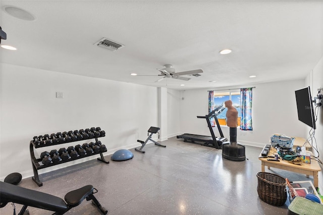 exercise room with ceiling fan