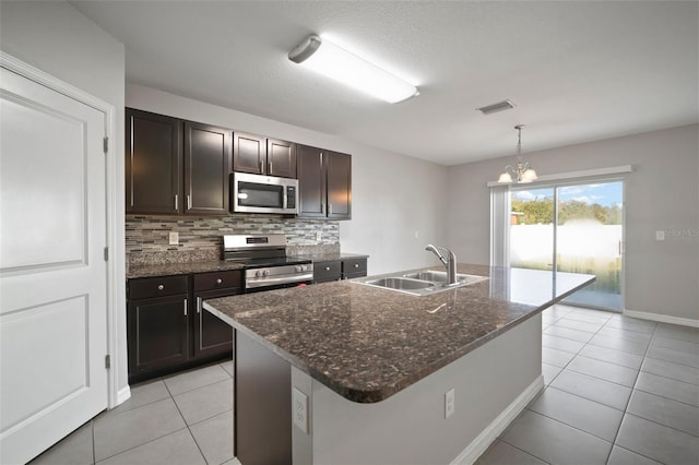 kitchen with appliances with stainless steel finishes, a kitchen island with sink, sink, and hanging light fixtures