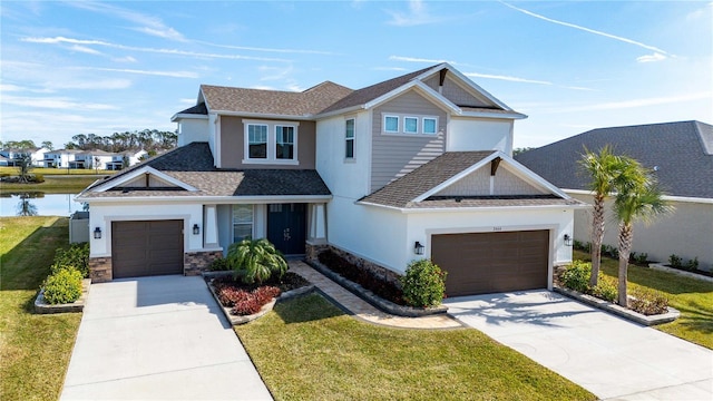 craftsman house with a garage, a front lawn, and a water view