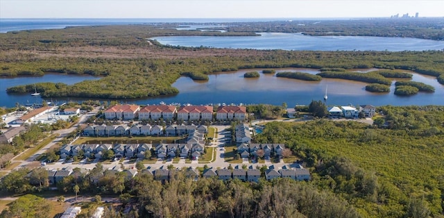 drone / aerial view featuring a water view