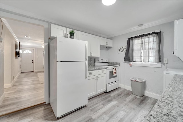 kitchen featuring white cabinetry, white appliances, light hardwood / wood-style floors, and crown molding