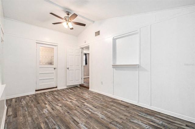 unfurnished bedroom with vaulted ceiling, dark hardwood / wood-style floors, ceiling fan, and a closet