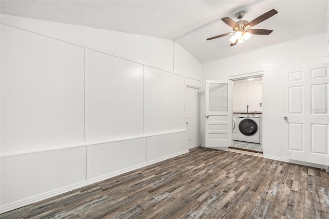 laundry room featuring ceiling fan, cabinets, dark hardwood / wood-style flooring, and separate washer and dryer