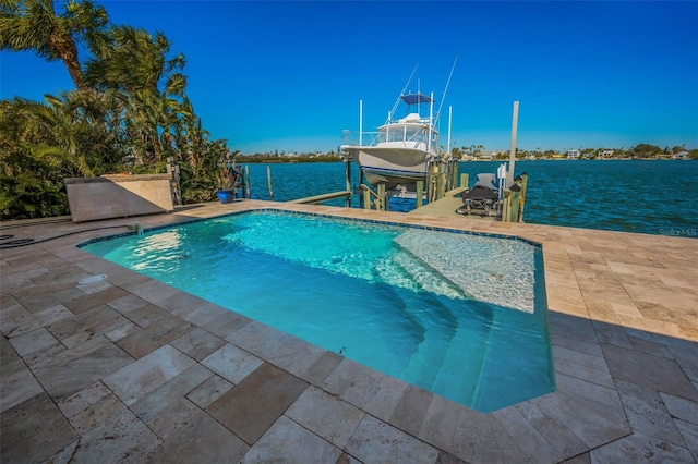 view of swimming pool featuring a boat dock and a water view