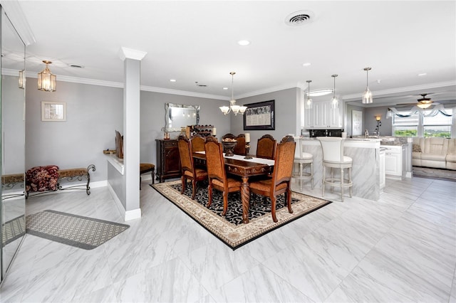 dining room with ornamental molding and ceiling fan with notable chandelier