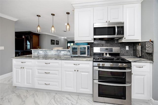 kitchen featuring light stone counters, ornamental molding, stainless steel appliances, and white cabinets