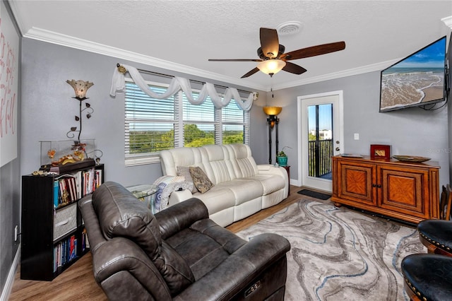 living room with crown molding, light hardwood / wood-style floors, ceiling fan, and a textured ceiling