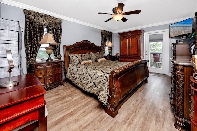 bedroom with crown molding, access to outside, ceiling fan, and light hardwood / wood-style flooring