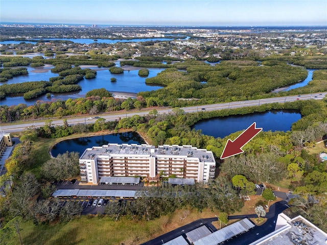 bird's eye view with a water view