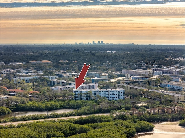 view of aerial view at dusk