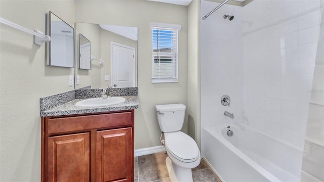full bathroom featuring toilet, shower / bath combination, baseboards, and vanity