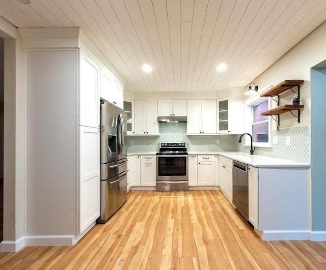 kitchen with sink, white cabinets, decorative backsplash, light hardwood / wood-style floors, and stainless steel appliances