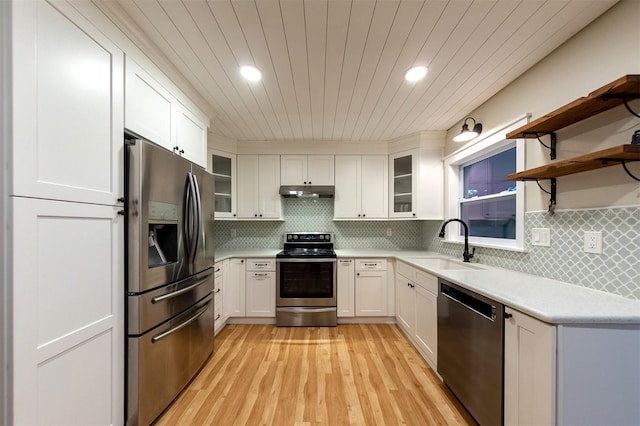 kitchen with sink, light hardwood / wood-style flooring, white cabinetry, backsplash, and stainless steel appliances