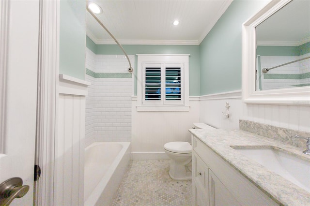 full bathroom with ornamental molding, tile patterned floors, and vanity