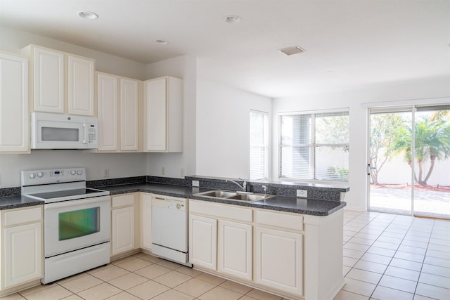 kitchen with sink, light tile patterned floors, kitchen peninsula, white appliances, and white cabinets