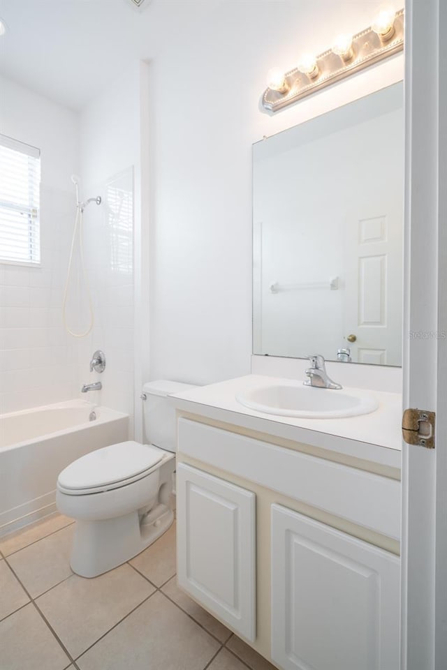 full bathroom featuring tile patterned flooring, vanity, shower / bathtub combination, and toilet