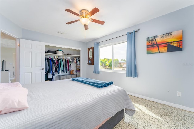 bedroom featuring ceiling fan and a closet