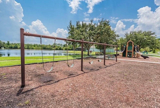 view of jungle gym with a water view