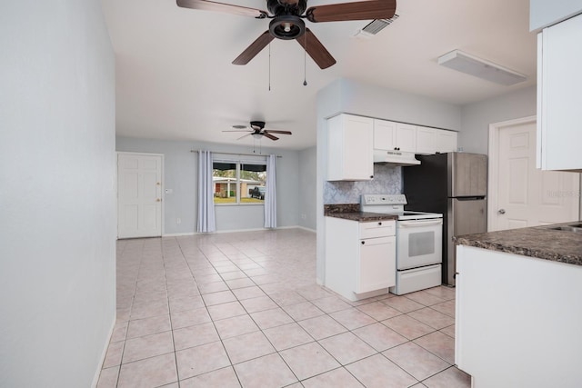 kitchen with white cabinetry, light tile patterned floors, white electric range, and tasteful backsplash