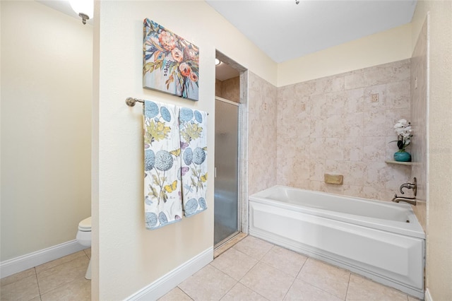 bathroom with separate shower and tub, tile patterned floors, and toilet