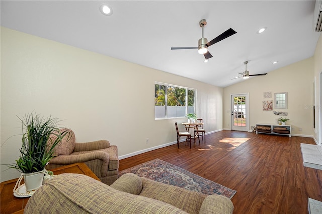 living room with ceiling fan, lofted ceiling, and dark hardwood / wood-style floors