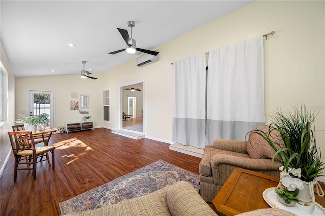 living room with dark wood-type flooring, vaulted ceiling, and a wall mounted AC