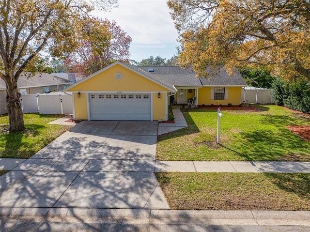 ranch-style house featuring a garage and a front yard