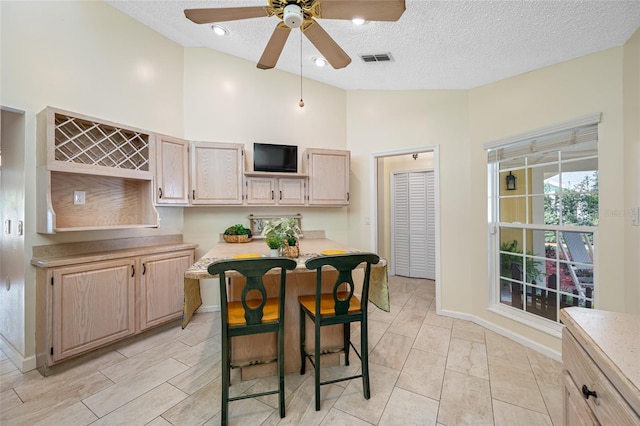 kitchen with lofted ceiling, a breakfast bar area, a textured ceiling, and light brown cabinetry