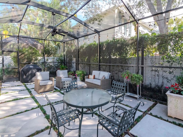 view of patio / terrace with area for grilling, an outdoor hangout area, and ceiling fan