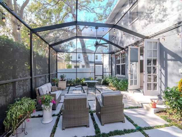 view of patio featuring a lanai and an outdoor hangout area