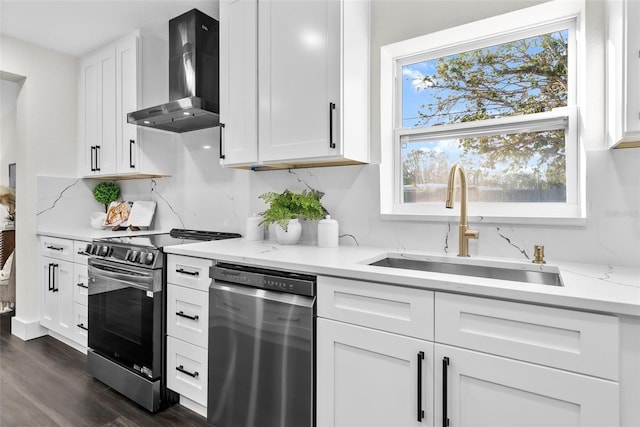 kitchen featuring wall chimney exhaust hood, appliances with stainless steel finishes, a sink, and white cabinets