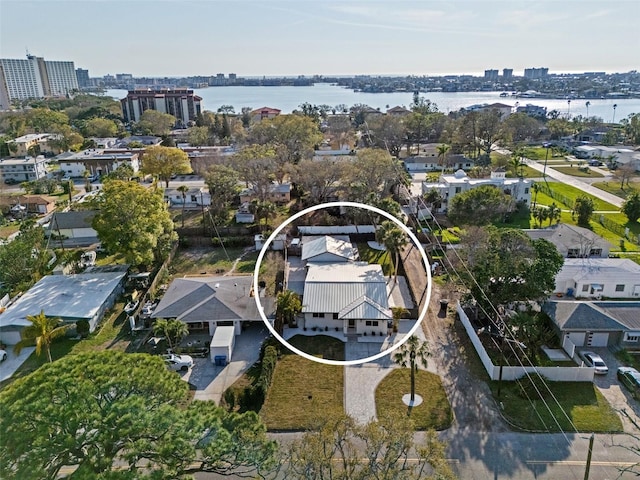 aerial view with a view of city and a water view