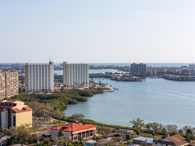 aerial view featuring a water view and a city view