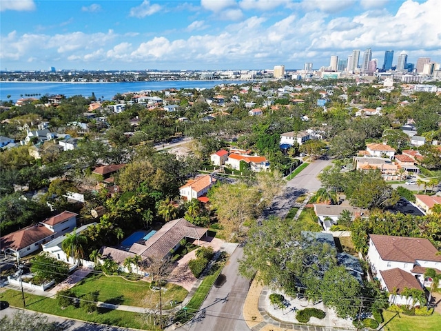 drone / aerial view with a water view