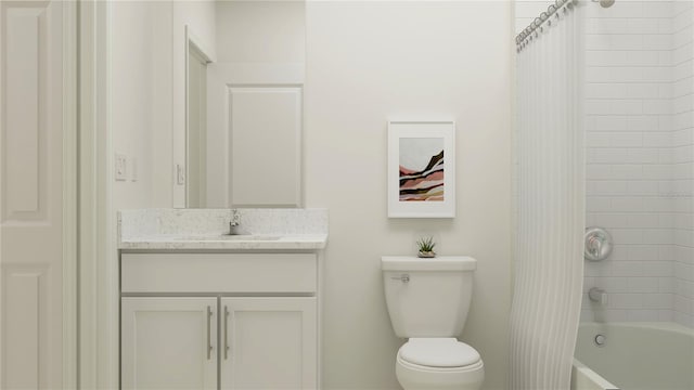 full bathroom featuring vanity, tiled shower / bath combo, and toilet