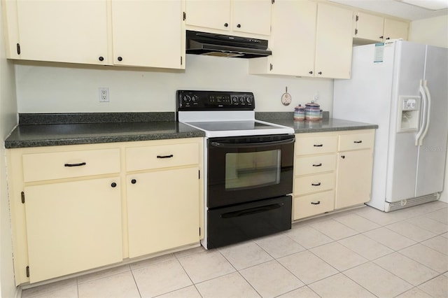 kitchen featuring cream cabinetry, electric range, white fridge with ice dispenser, and light tile patterned flooring