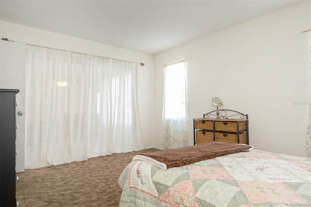 carpeted bedroom with a textured ceiling