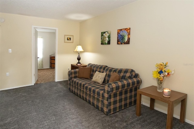 carpeted living room with a textured ceiling