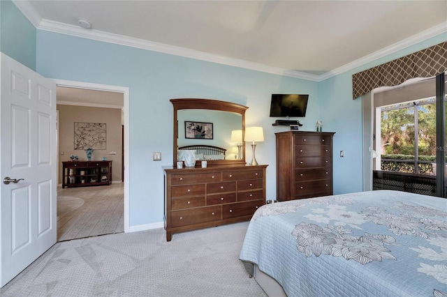 bedroom featuring ornamental molding, access to outside, and light colored carpet