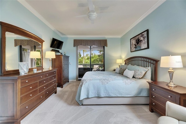 carpeted bedroom featuring access to outside, ornamental molding, and ceiling fan