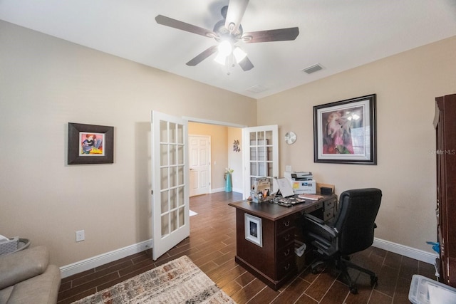 home office with ceiling fan and french doors