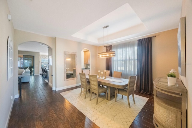 dining room featuring dark hardwood / wood-style floors and a raised ceiling