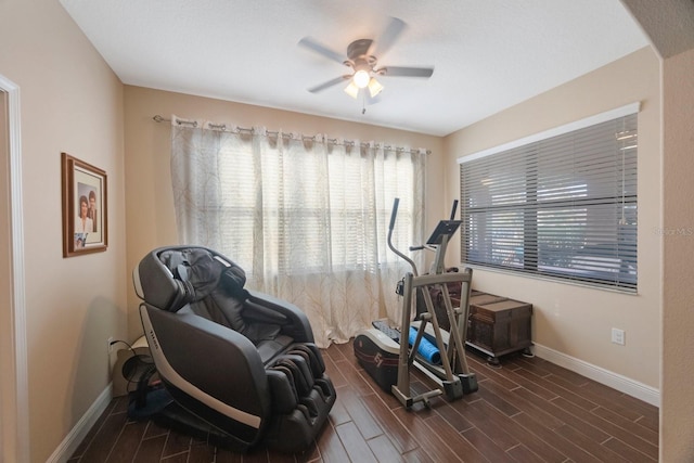 workout room featuring ceiling fan